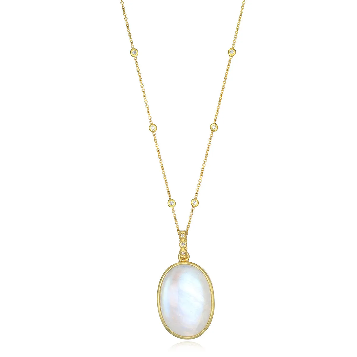 Oval Rainbow Moonstone Pendant on Diamond Station Necklace
