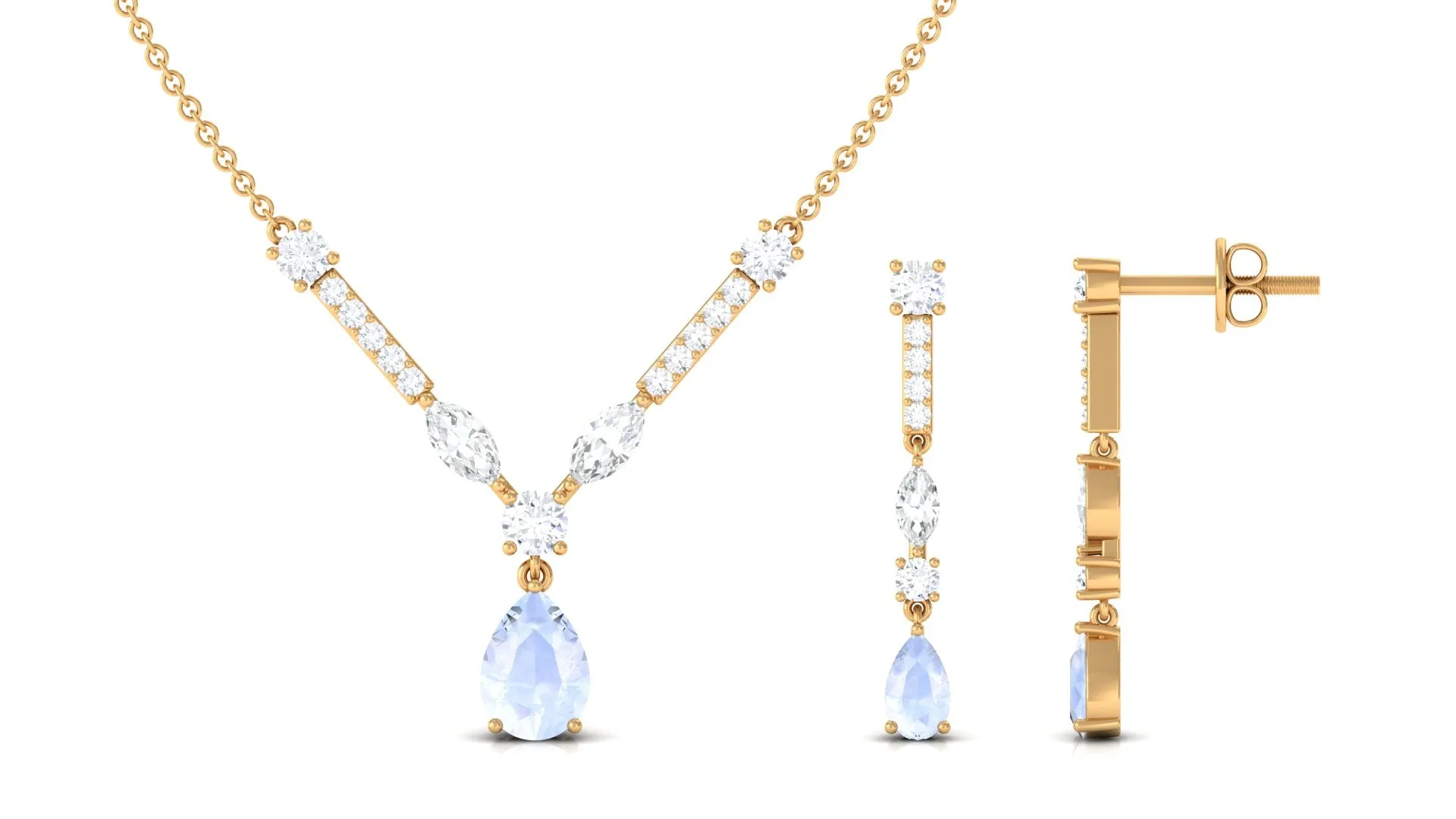 Pear Shape Moonstone and Moissanite Drop Necklace and Earrings
