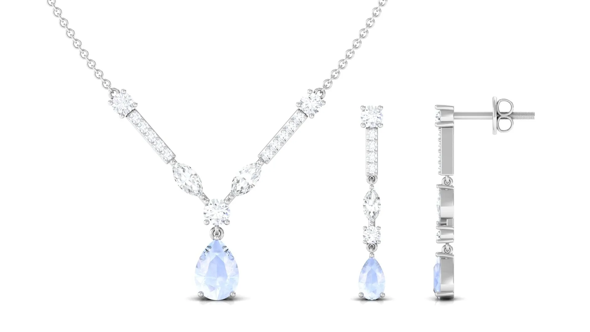 Pear Shape Moonstone and Moissanite Drop Necklace and Earrings