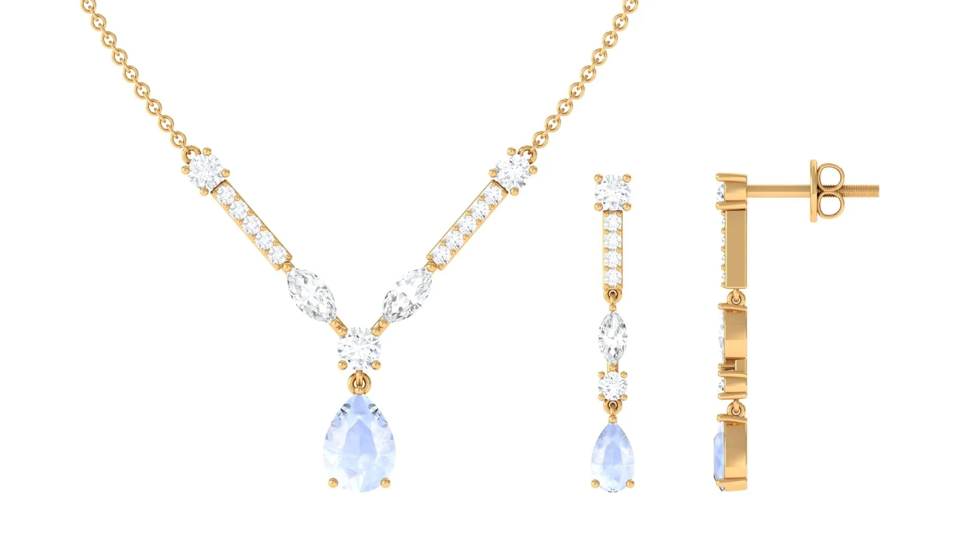Pear Shape Moonstone and Moissanite Drop Necklace and Earrings