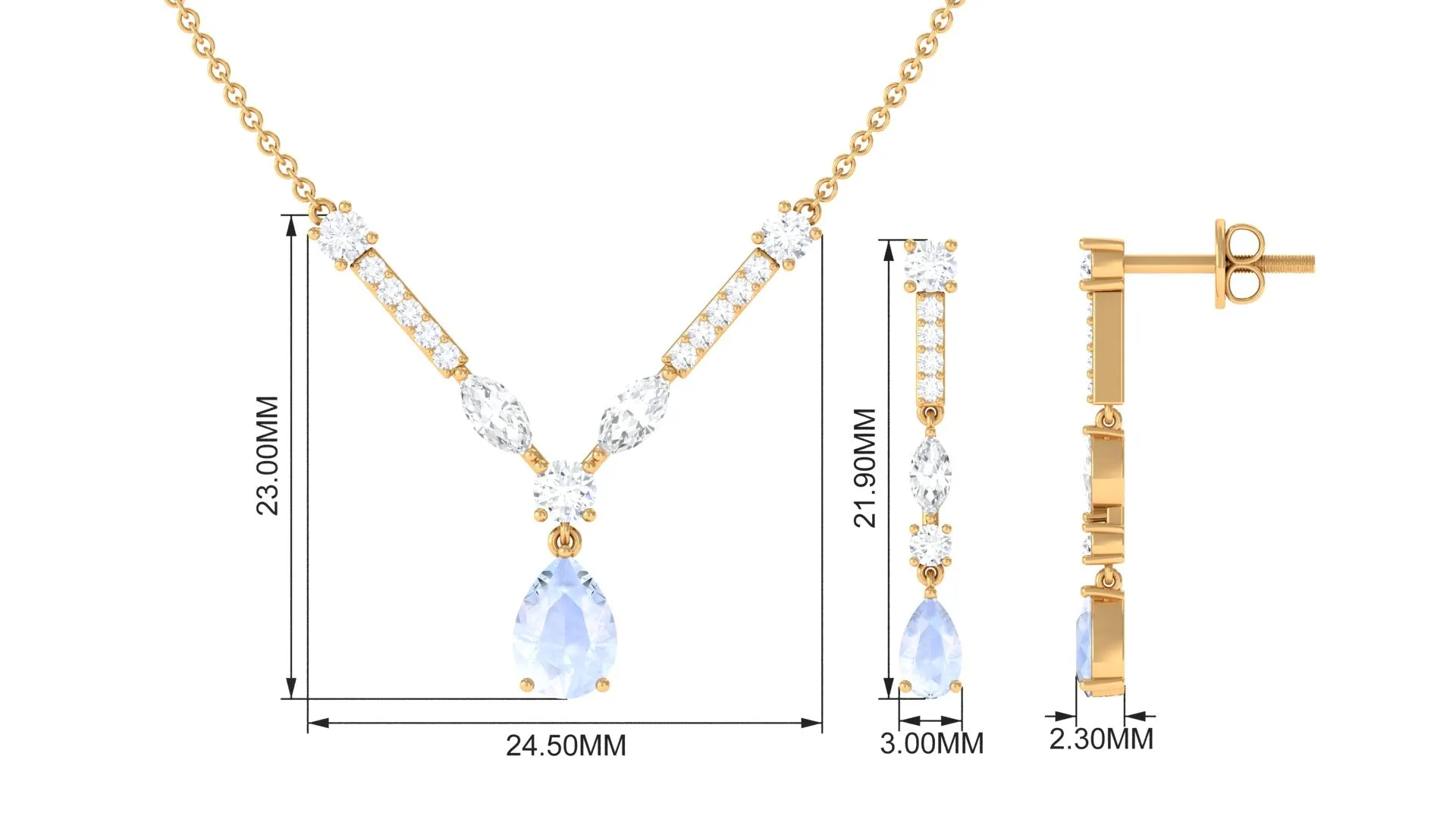 Pear Shape Moonstone and Moissanite Drop Necklace and Earrings