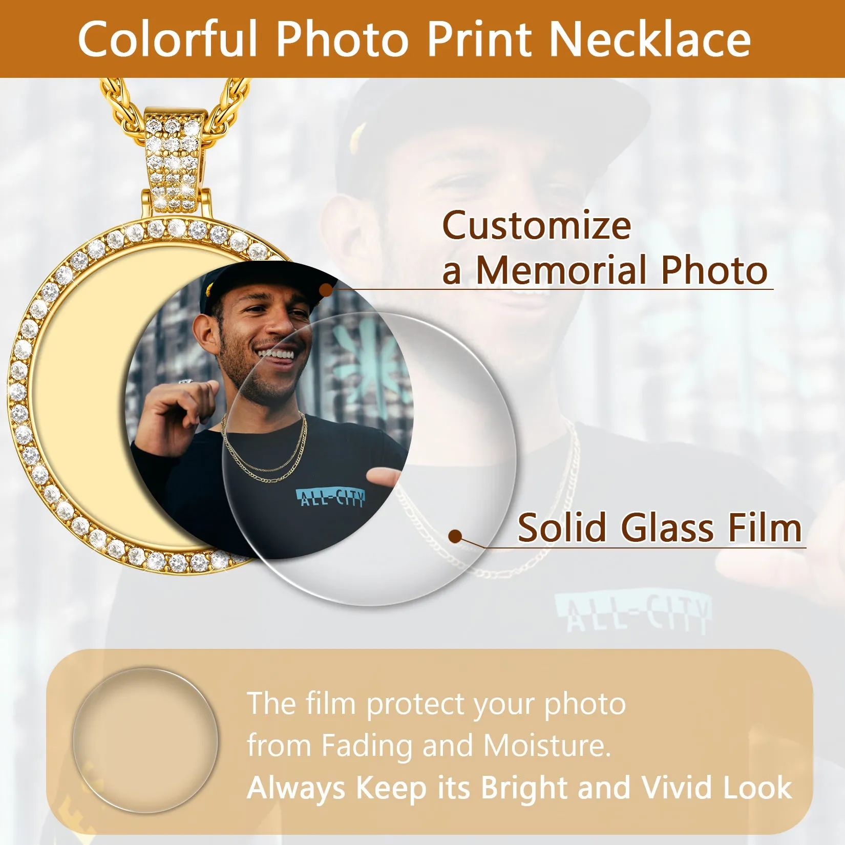 Personalized Large Picture Circle Necklace Pendant with Cubic Zirconia for Men