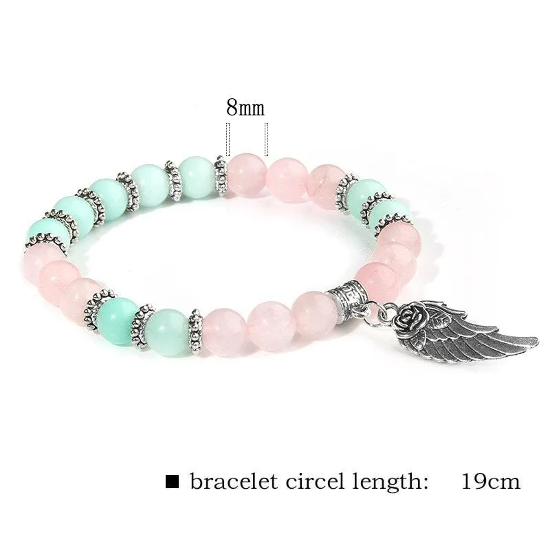 Pink Quartz with Angel Wings Pendent Bracelets Women Natural Stone Beads Charms Bangles Meditation Ethnic Handmade Jewelry Gift