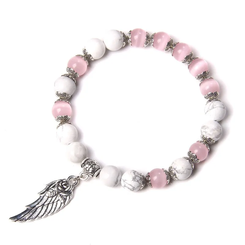 Pink Quartz with Angel Wings Pendent Bracelets Women Natural Stone Beads Charms Bangles Meditation Ethnic Handmade Jewelry Gift