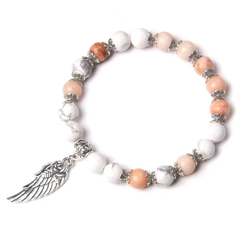 Pink Quartz with Angel Wings Pendent Bracelets Women Natural Stone Beads Charms Bangles Meditation Ethnic Handmade Jewelry Gift
