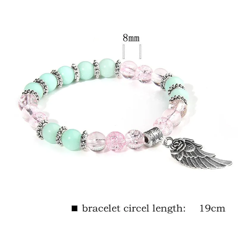Pink Quartz with Angel Wings Pendent Bracelets Women Natural Stone Beads Charms Bangles Meditation Ethnic Handmade Jewelry Gift