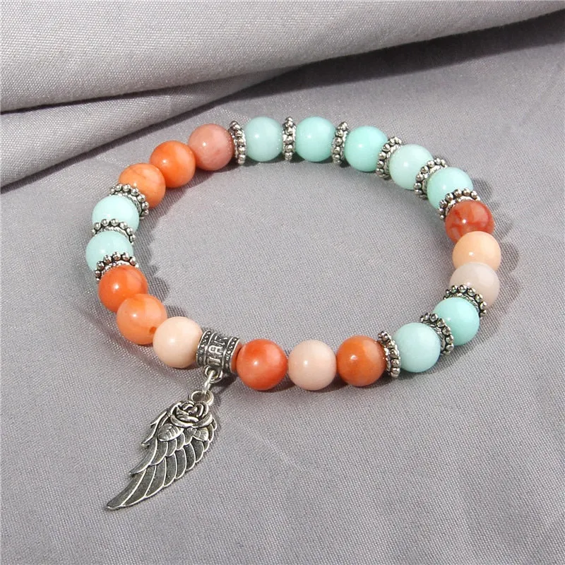Pink Quartz with Angel Wings Pendent Bracelets Women Natural Stone Beads Charms Bangles Meditation Ethnic Handmade Jewelry Gift