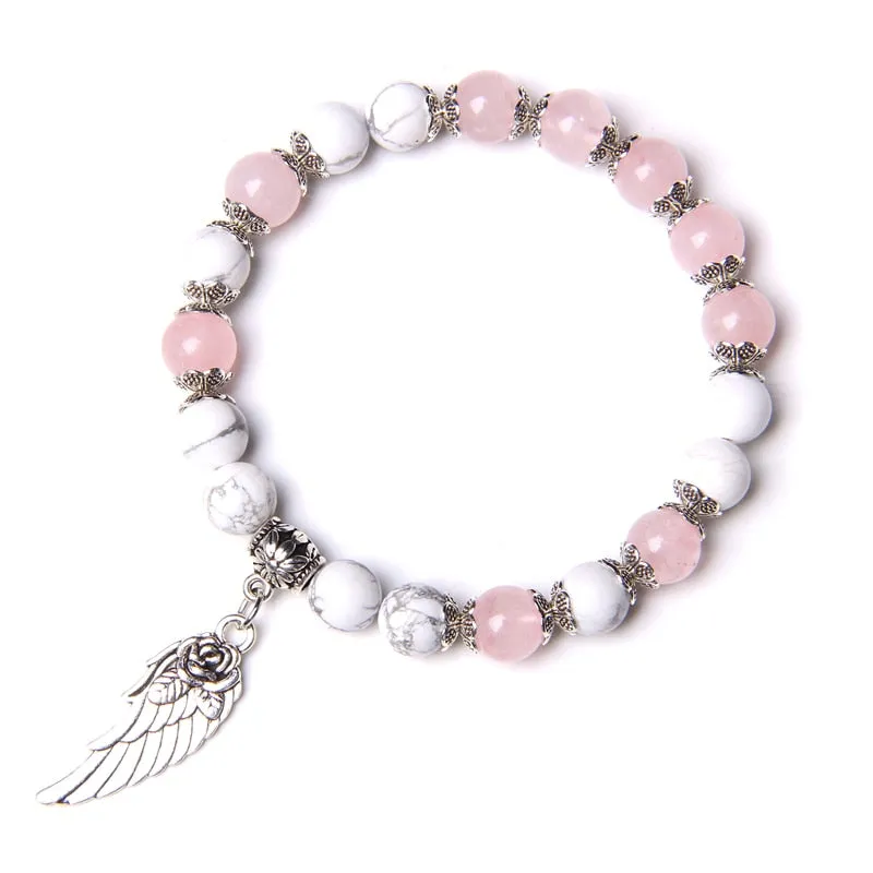 Pink Quartz with Angel Wings Pendent Bracelets Women Natural Stone Beads Charms Bangles Meditation Ethnic Handmade Jewelry Gift