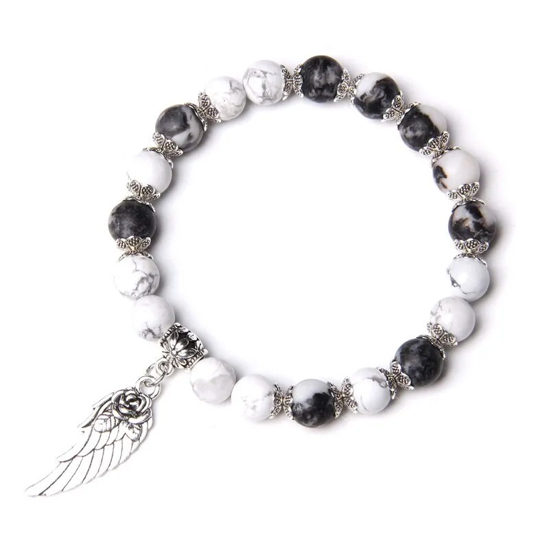 Pink Quartz with Angel Wings Pendent Bracelets Women Natural Stone Beads Charms Bangles Meditation Ethnic Handmade Jewelry Gift