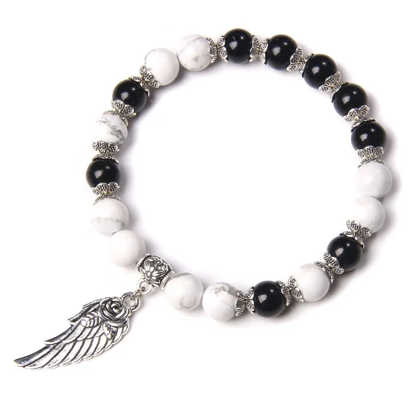 Pink Quartz with Angel Wings Pendent Bracelets Women Natural Stone Beads Charms Bangles Meditation Ethnic Handmade Jewelry Gift