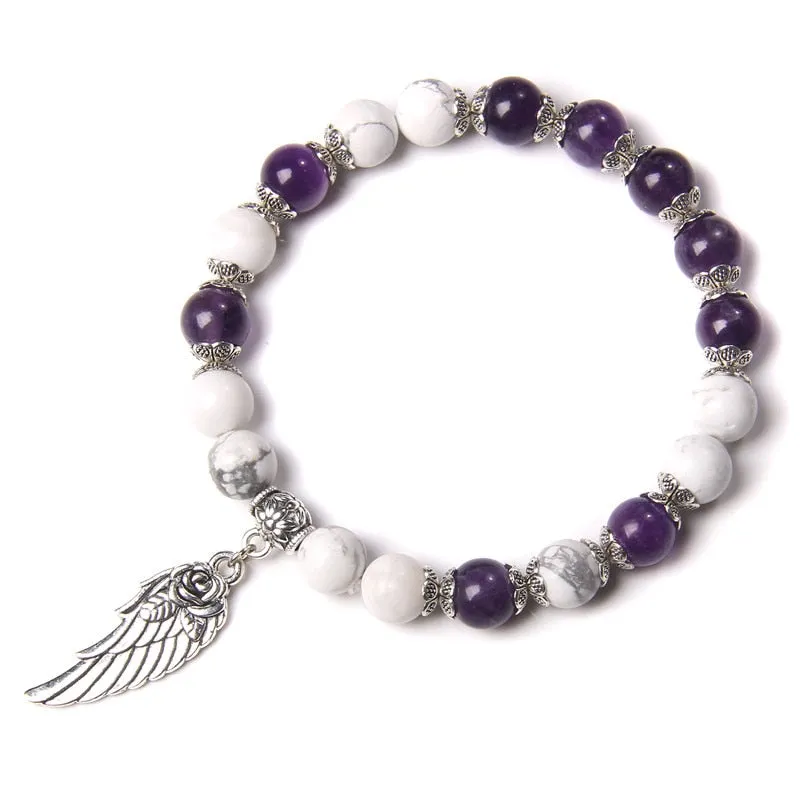 Pink Quartz with Angel Wings Pendent Bracelets Women Natural Stone Beads Charms Bangles Meditation Ethnic Handmade Jewelry Gift