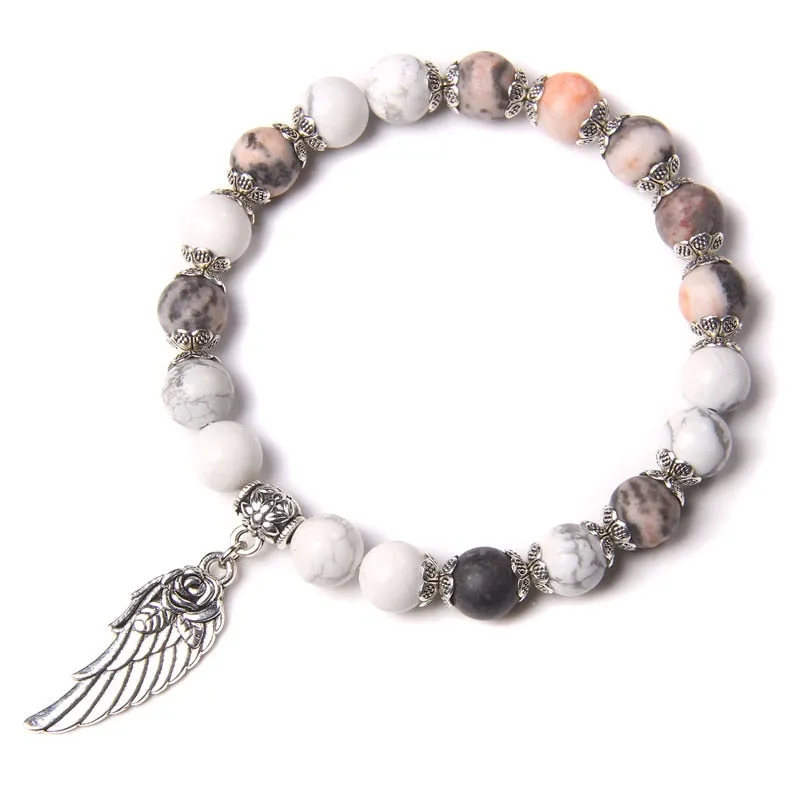 Pink Quartz with Angel Wings Pendent Bracelets Women Natural Stone Beads Charms Bangles Meditation Ethnic Handmade Jewelry Gift