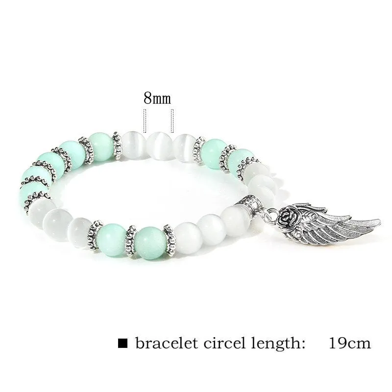 Pink Quartz with Angel Wings Pendent Bracelets Women Natural Stone Beads Charms Bangles Meditation Ethnic Handmade Jewelry Gift
