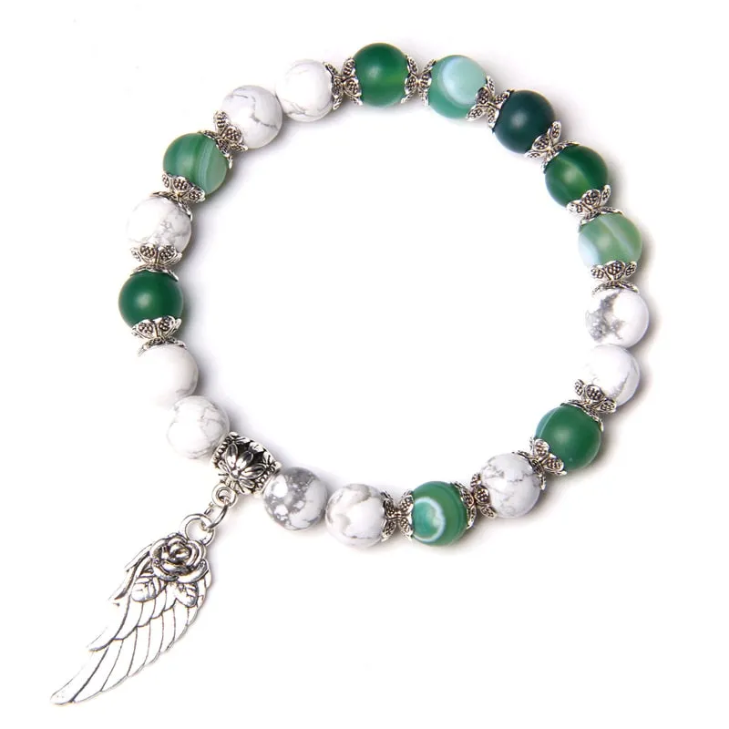 Pink Quartz with Angel Wings Pendent Bracelets Women Natural Stone Beads Charms Bangles Meditation Ethnic Handmade Jewelry Gift