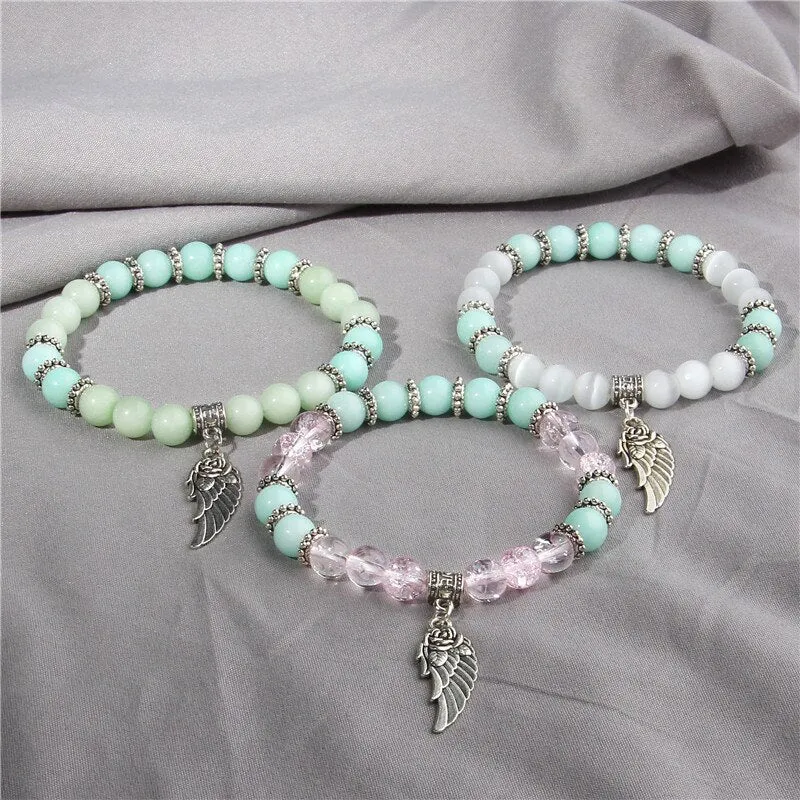 Pink Quartz with Angel Wings Pendent Bracelets Women Natural Stone Beads Charms Bangles Meditation Ethnic Handmade Jewelry Gift