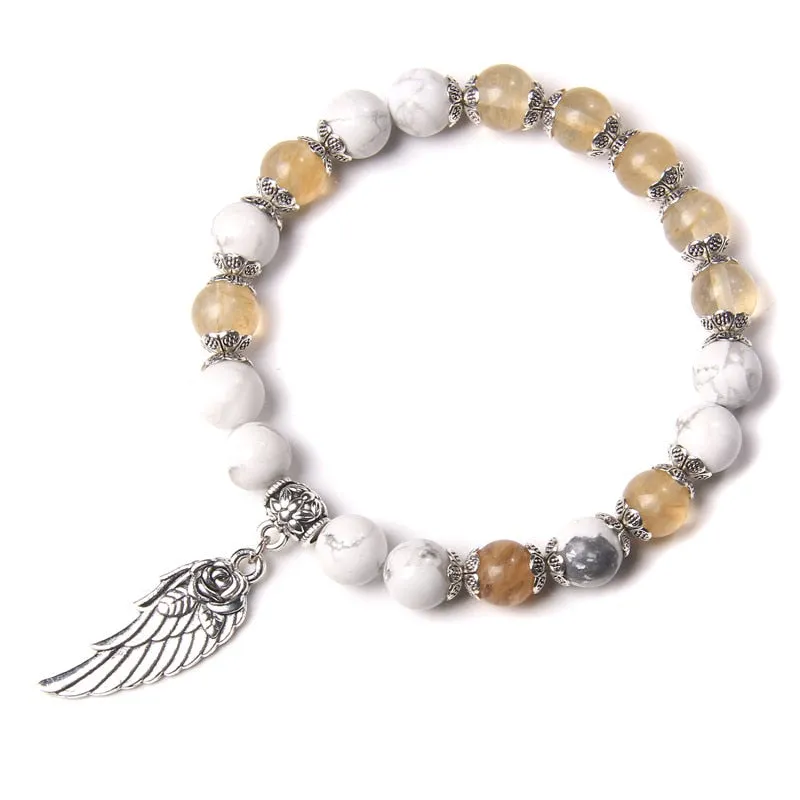 Pink Quartz with Angel Wings Pendent Bracelets Women Natural Stone Beads Charms Bangles Meditation Ethnic Handmade Jewelry Gift