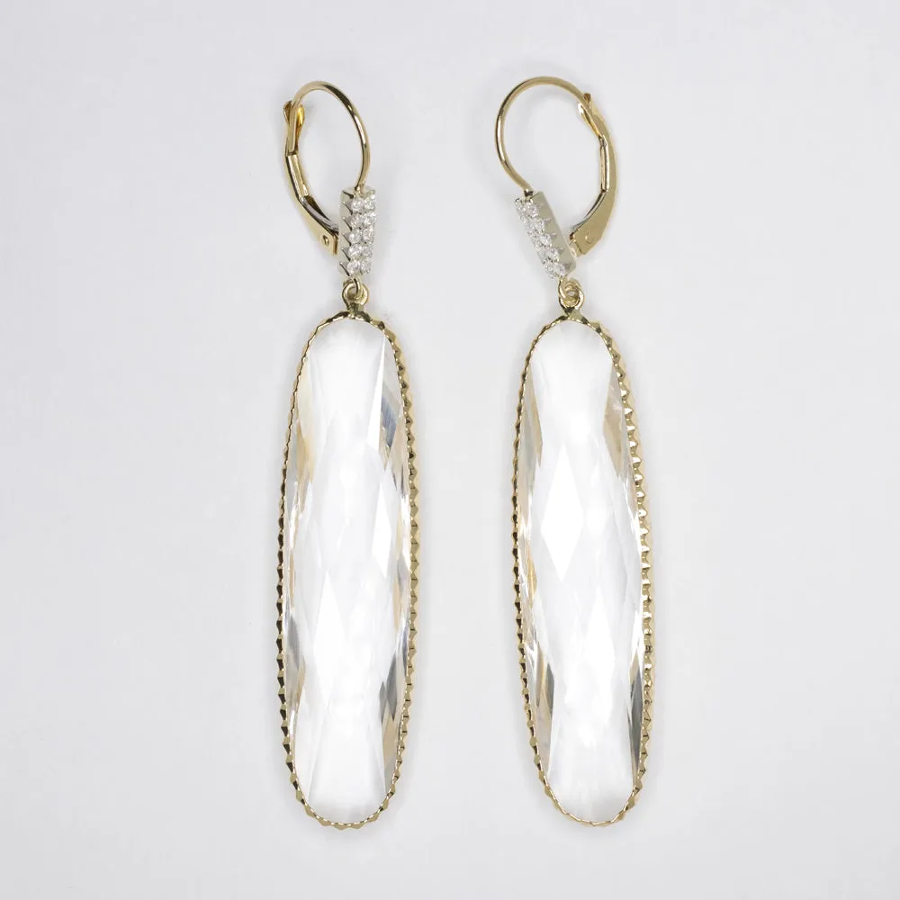 QUARTZ DIAMOND DANGLE EARRINGS 1.5 INCH LONG NATURAL 14k YELLOW GOLD DROP BIG