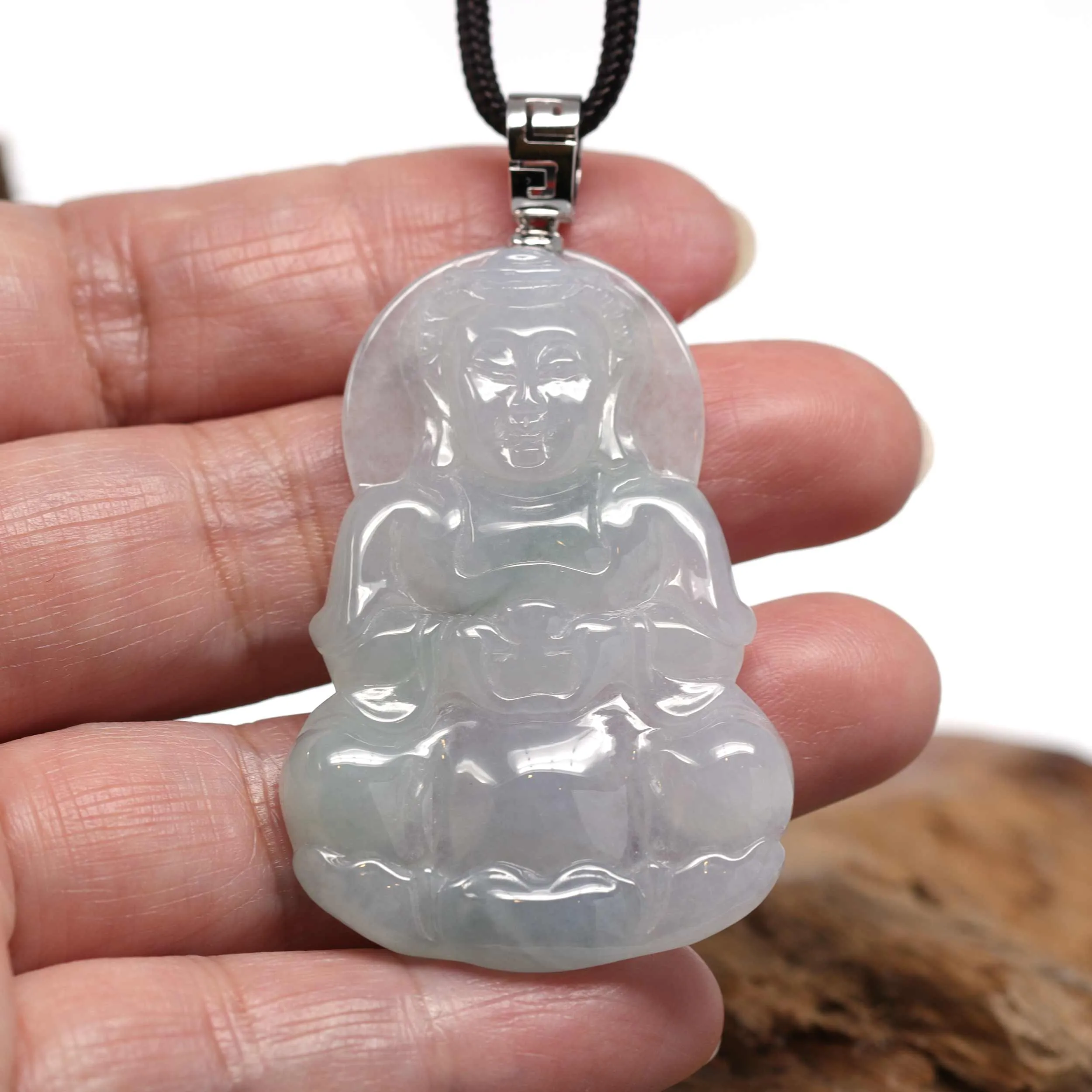RealJade® Co. 14k "Goddess of Compassion" Genuine Burmese Jadeite Jade Guanyin Necklace With Good Luck Design