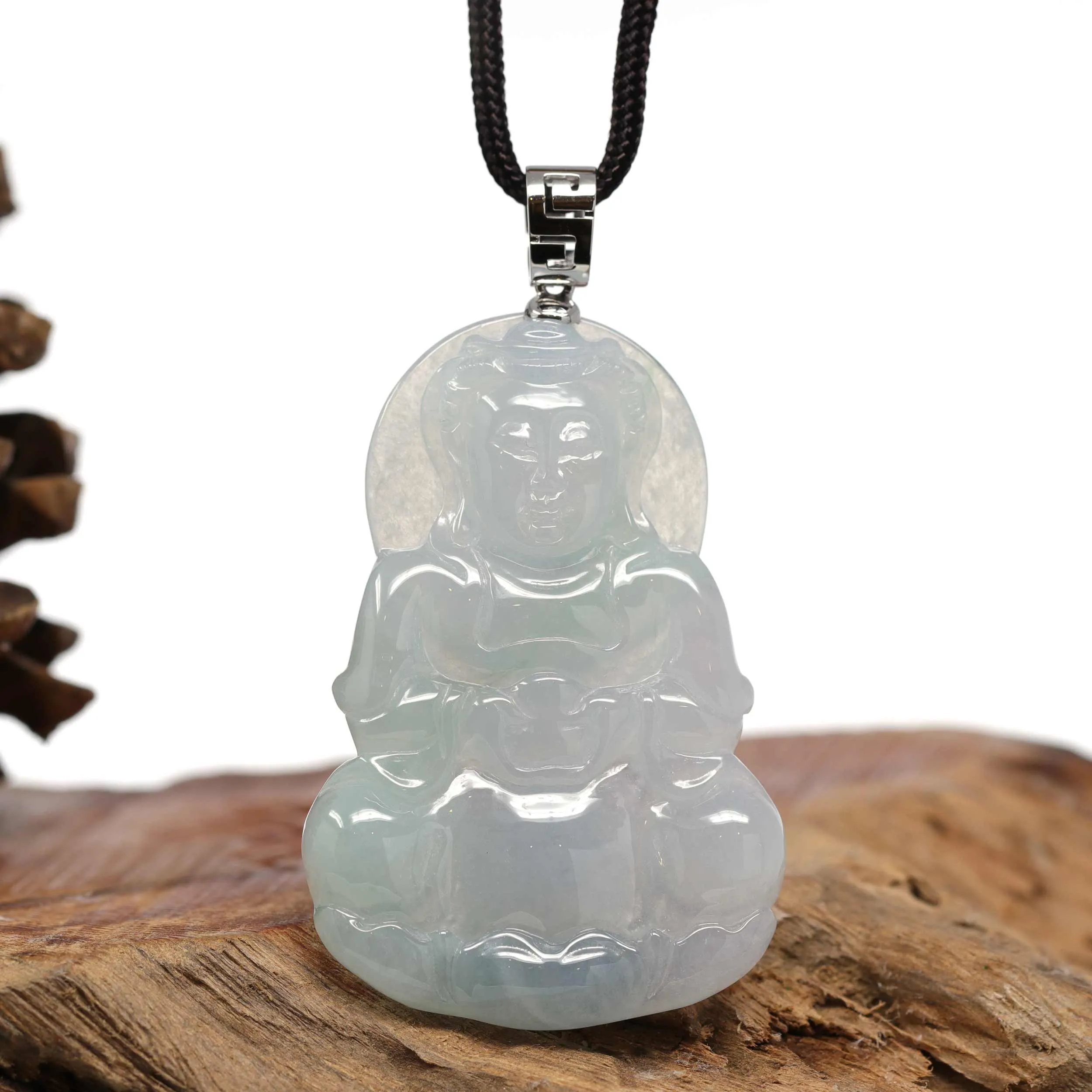 RealJade® Co. 14k "Goddess of Compassion" Genuine Burmese Jadeite Jade Guanyin Necklace With Good Luck Design