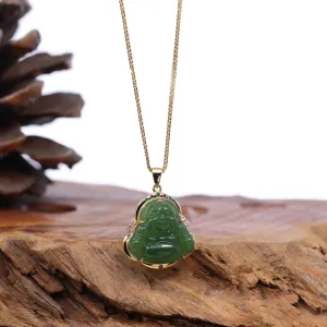 RealJade® Co. "Laughing Buddha" Gold Plated Nephrite Jade Necklace Pendant