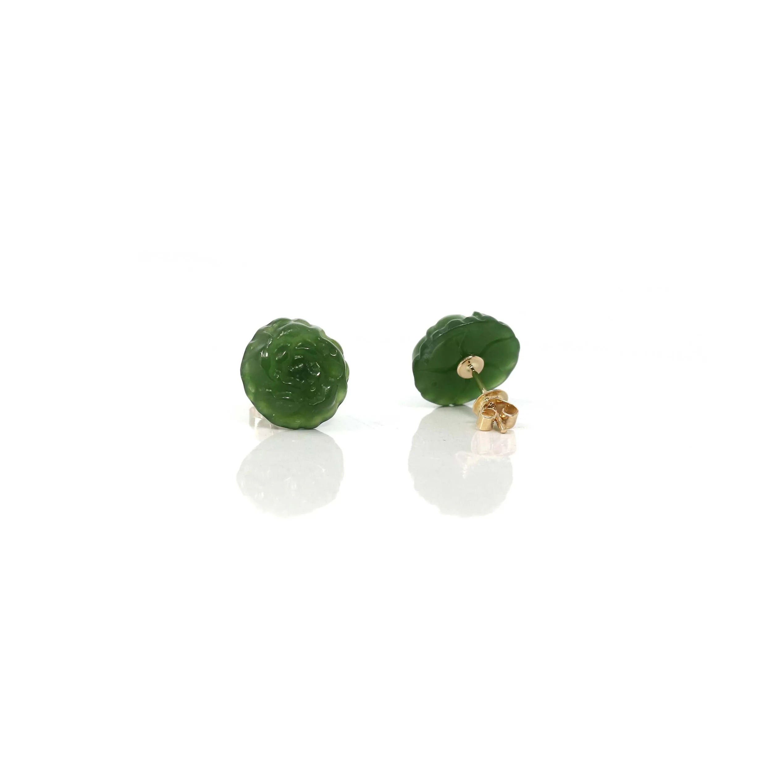 RealJade® "Peony Flowers" 14k Solid Gold Real Green Jade Peony Flower Earrings