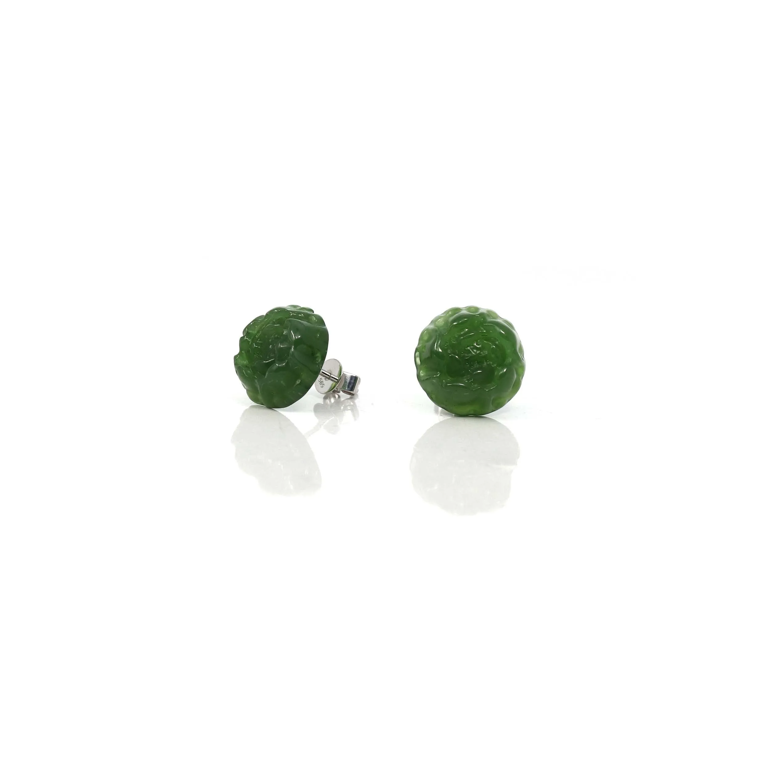 RealJade® "Peony Flowers" 14k Solid Gold Real Green Jade Peony Flower Earrings