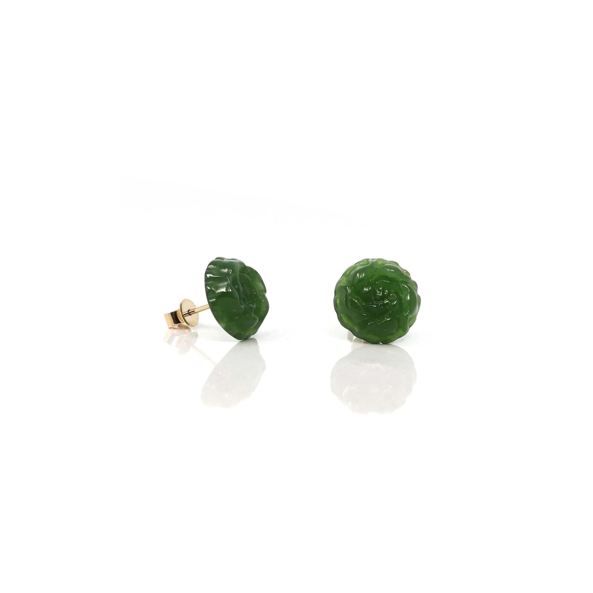RealJade® "Peony Flowers" 14k Solid Gold Real Green Jade Peony Flower Earrings