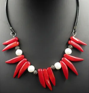 Red Stone Spikes & Pearl Choker Necklace Fashion