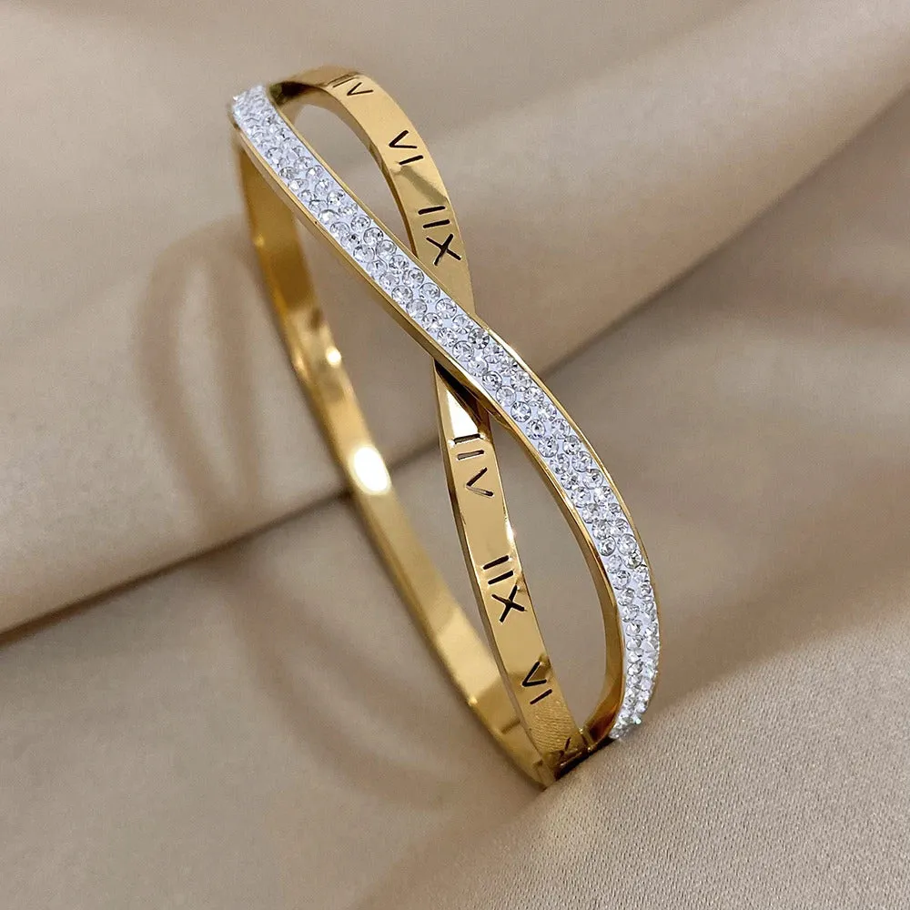 Roman Numeral Round CZ Criss Cross Bangle Bracelet
