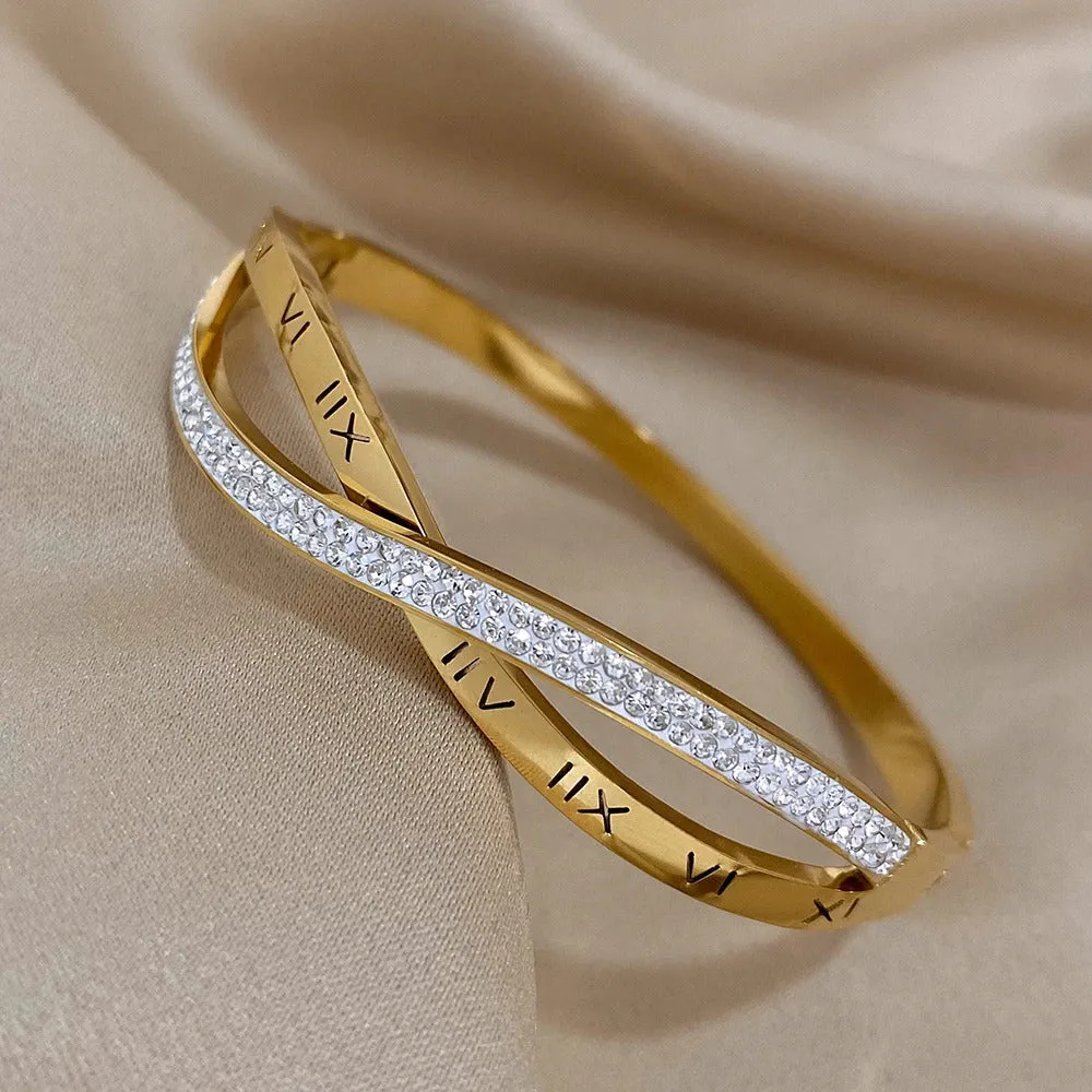 Roman Numeral Round CZ Criss Cross Bangle Bracelet