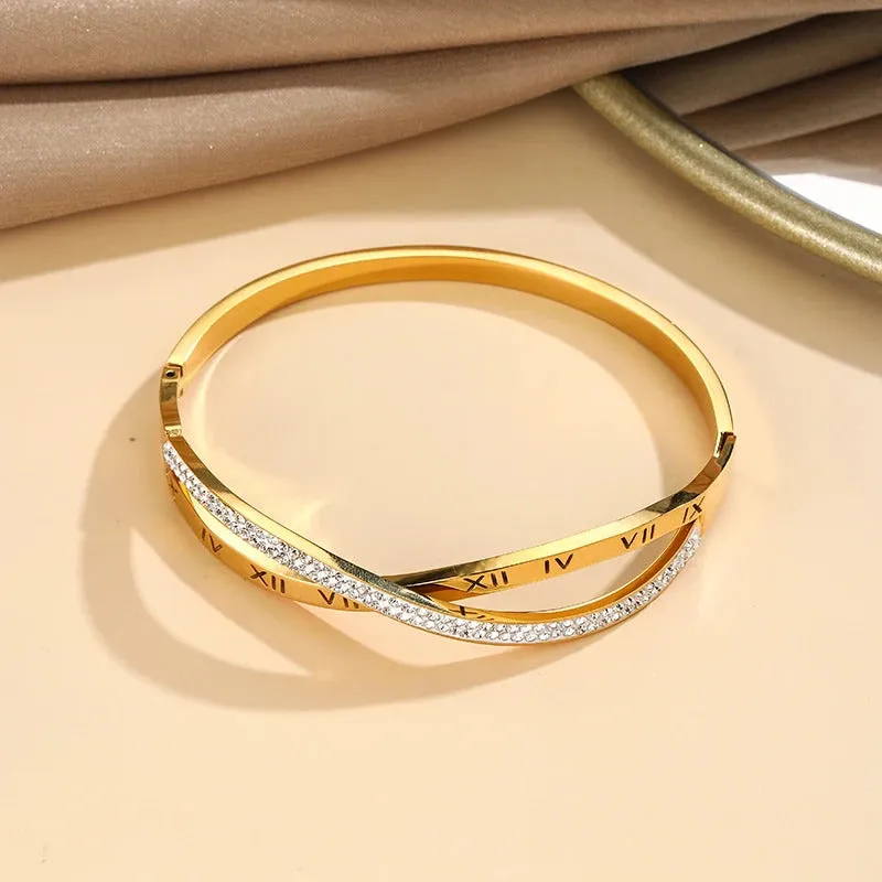 Roman Numeral Round CZ Criss Cross Bangle Bracelet