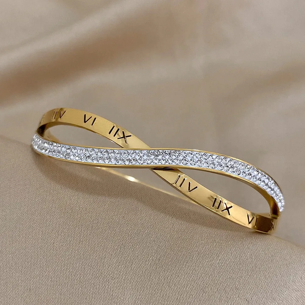 Roman Numeral Round CZ Criss Cross Bangle Bracelet