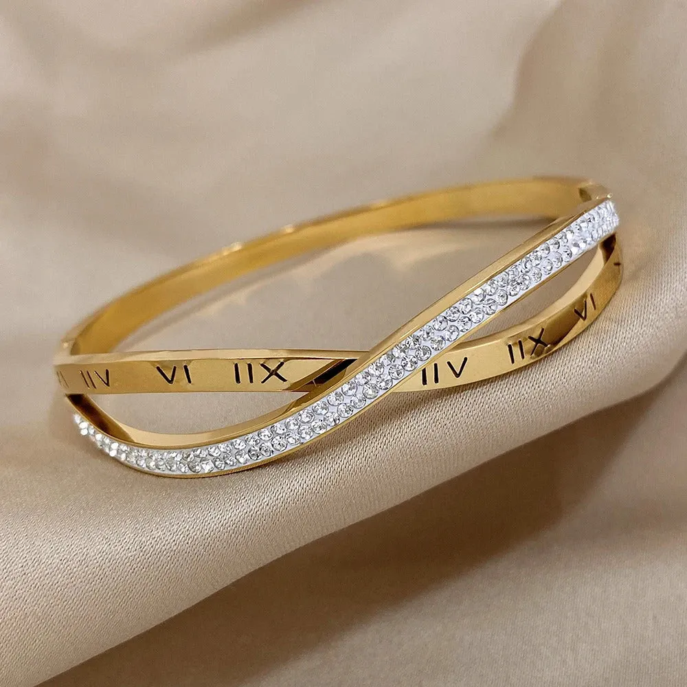 Roman Numeral Round CZ Criss Cross Bangle Bracelet