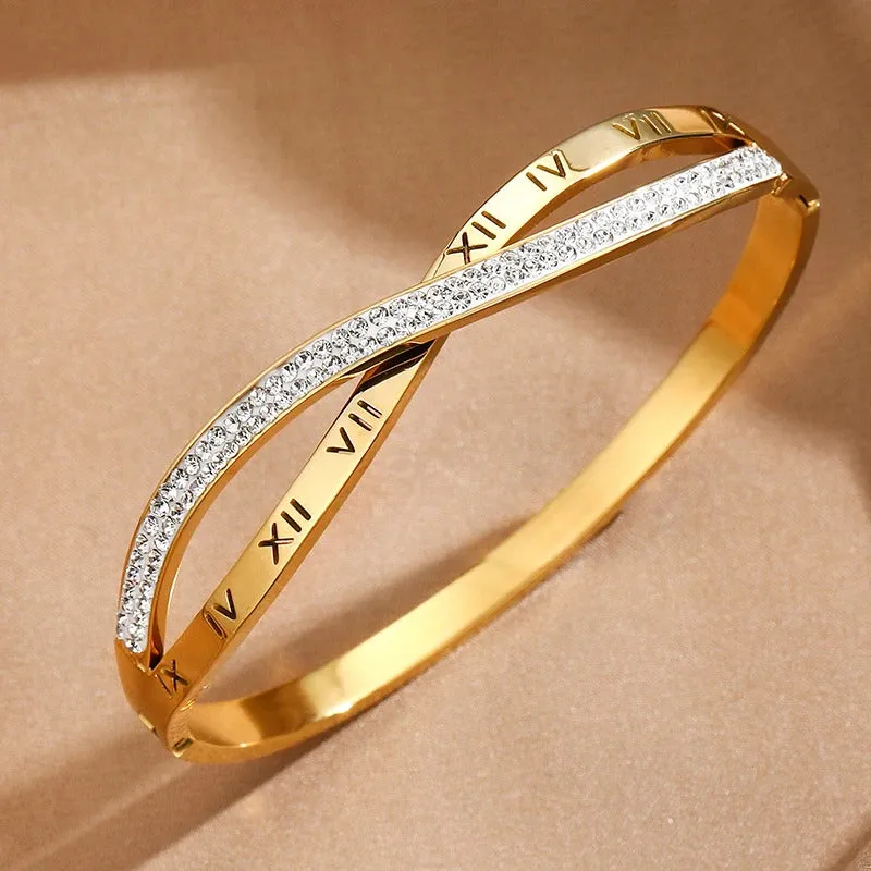 Roman Numeral Round CZ Criss Cross Bangle Bracelet