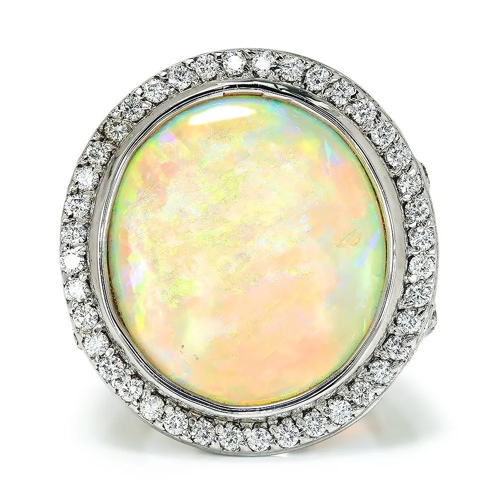 Round Australian Opal Halo Diamond Ring White Gold 14.24ctw
