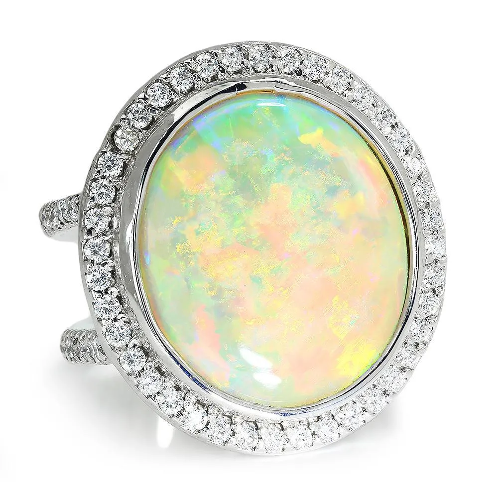 Round Australian Opal Halo Diamond Ring White Gold 14.24ctw