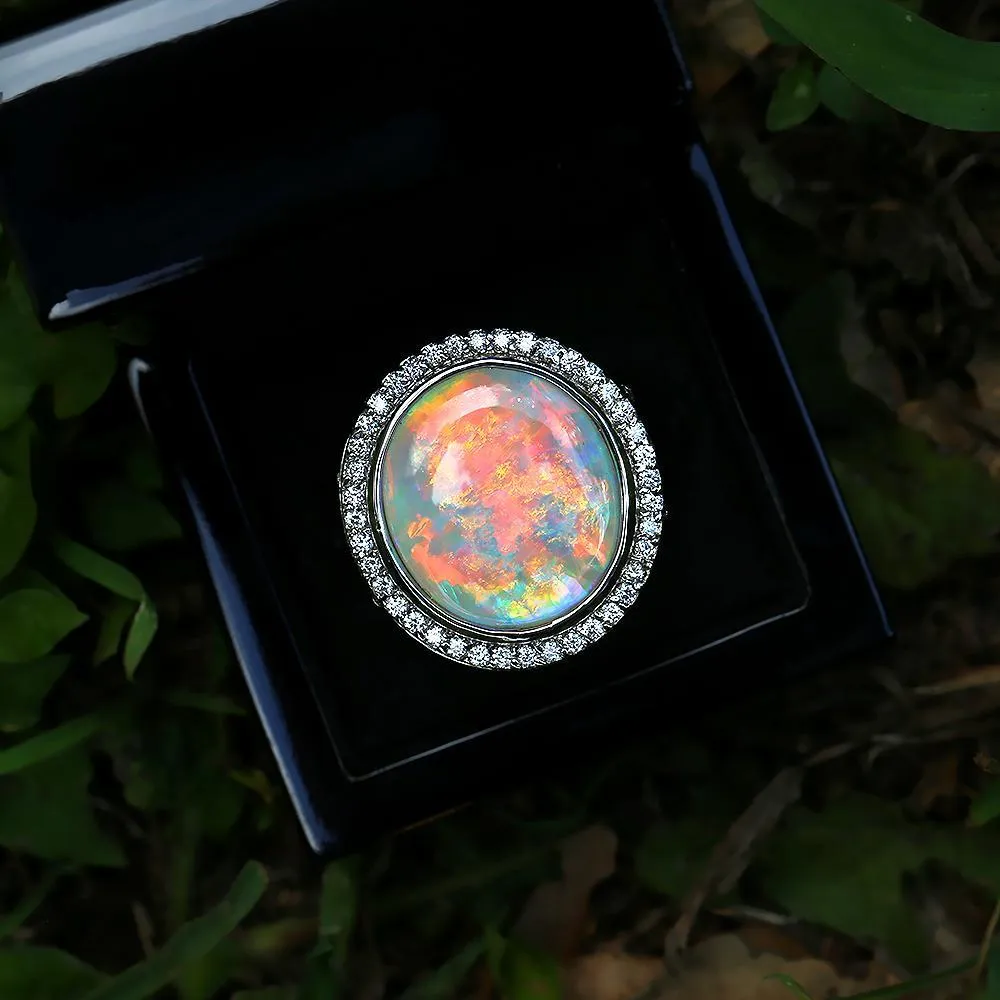 Round Australian Opal Halo Diamond Ring White Gold 14.24ctw