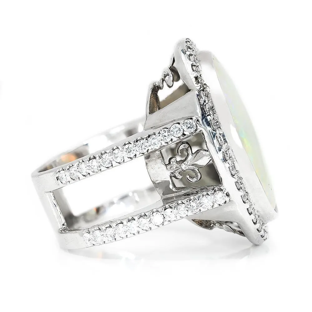 Round Australian Opal Halo Diamond Ring White Gold 14.24ctw