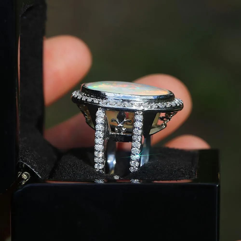 Round Australian Opal Halo Diamond Ring White Gold 14.24ctw