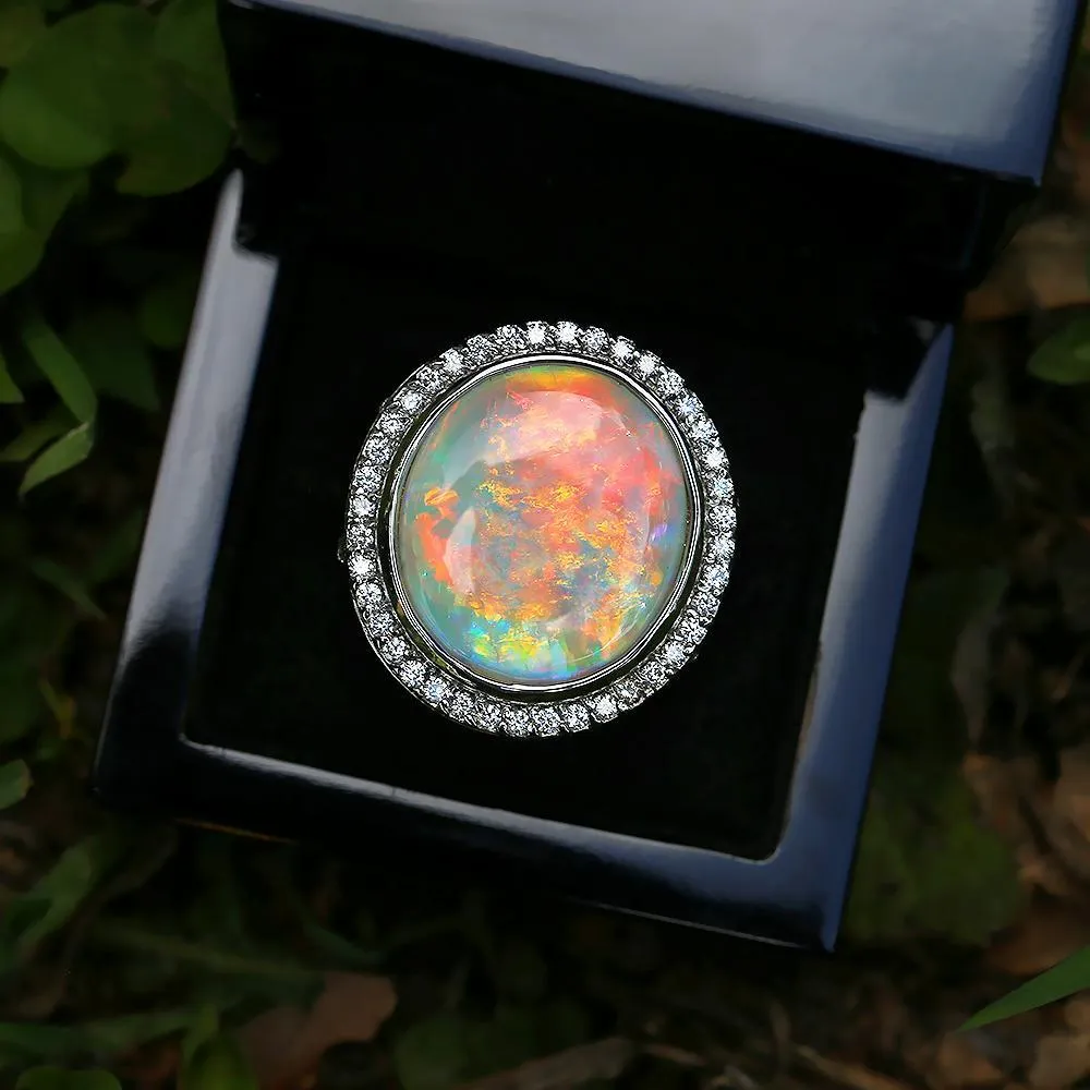 Round Australian Opal Halo Diamond Ring White Gold 14.24ctw