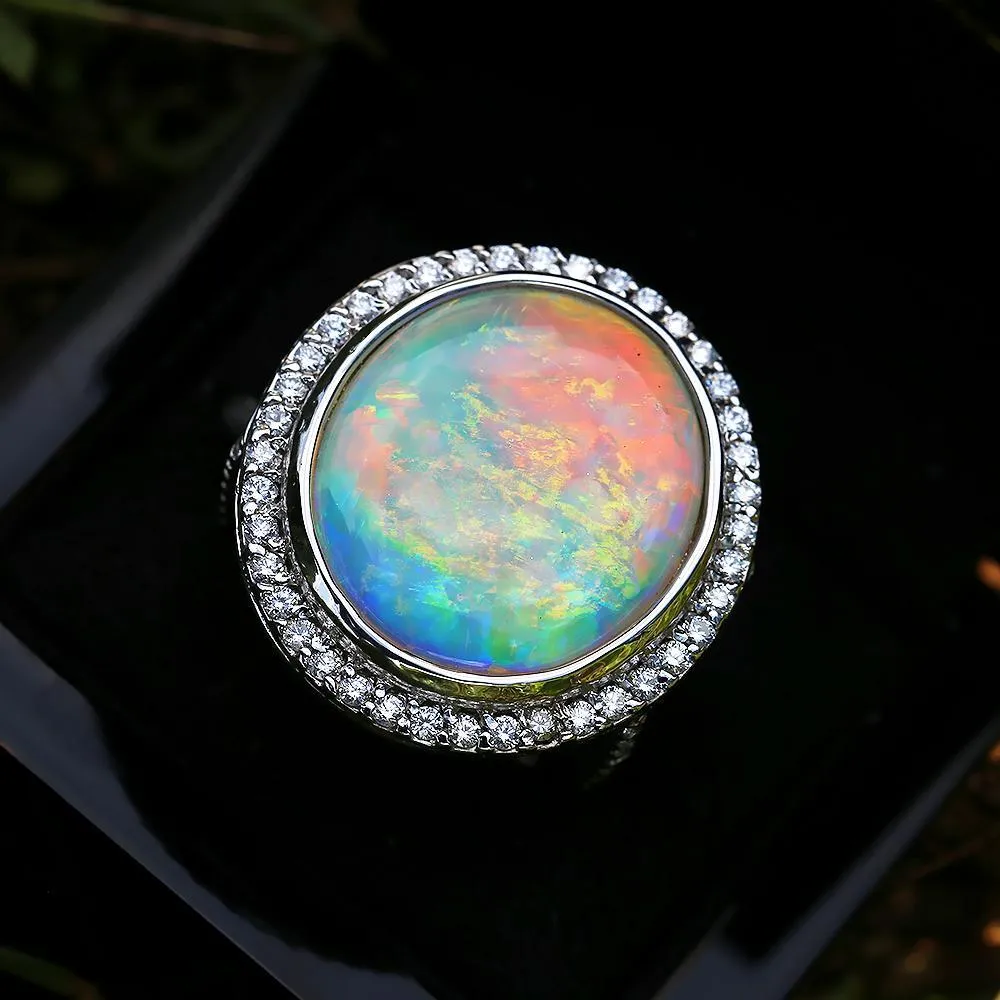Round Australian Opal Halo Diamond Ring White Gold 14.24ctw