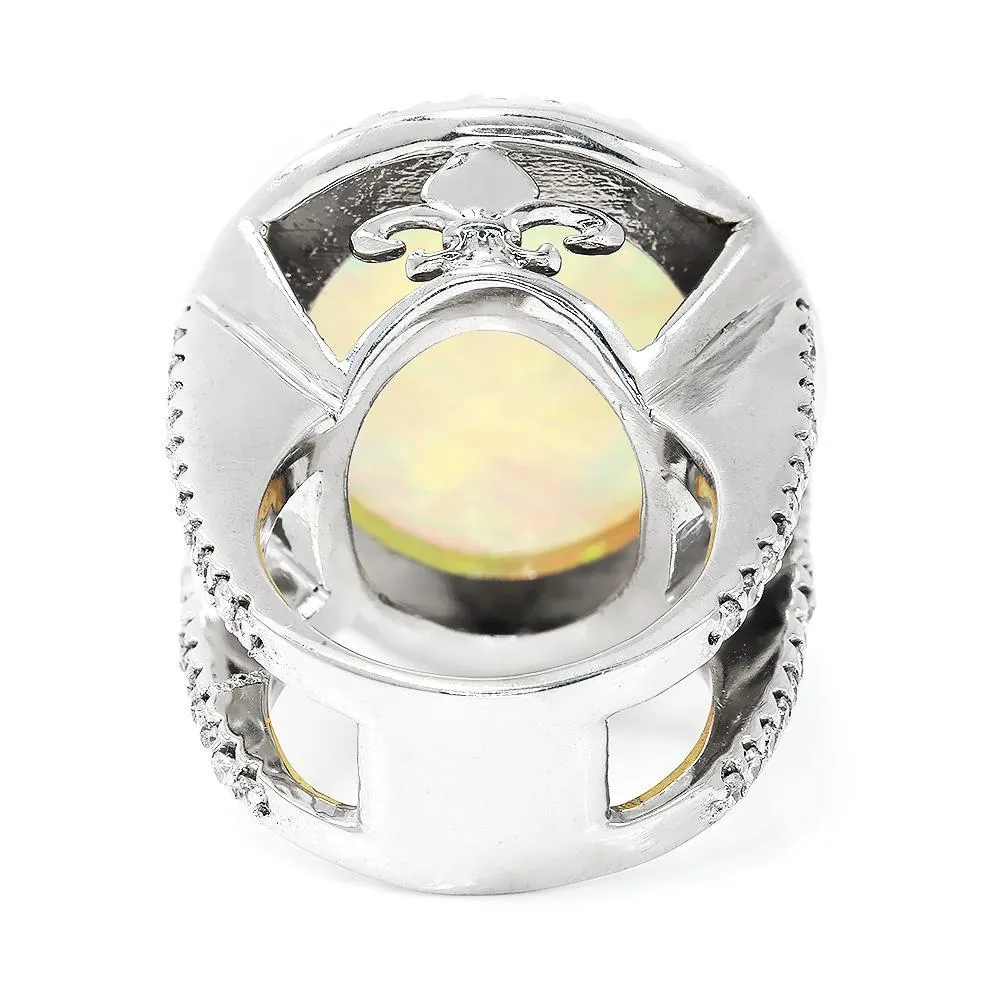 Round Australian Opal Halo Diamond Ring White Gold 14.24ctw