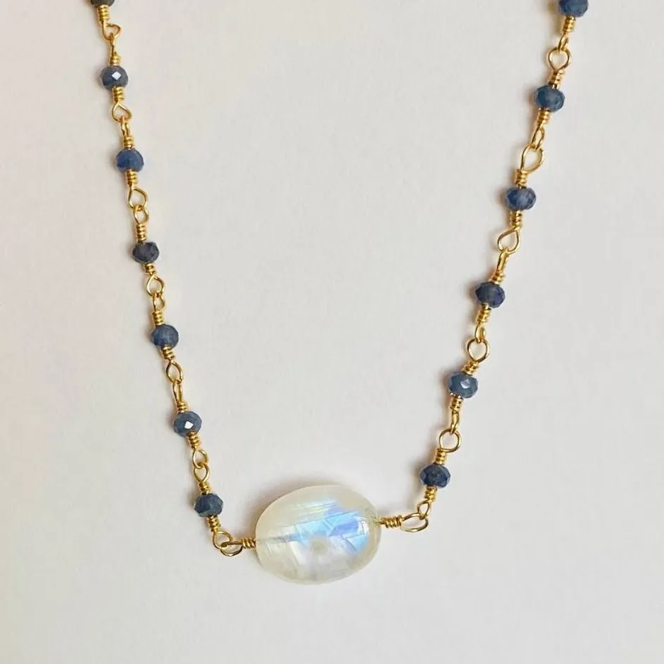 Sapphire Necklace with Moonstone Drop