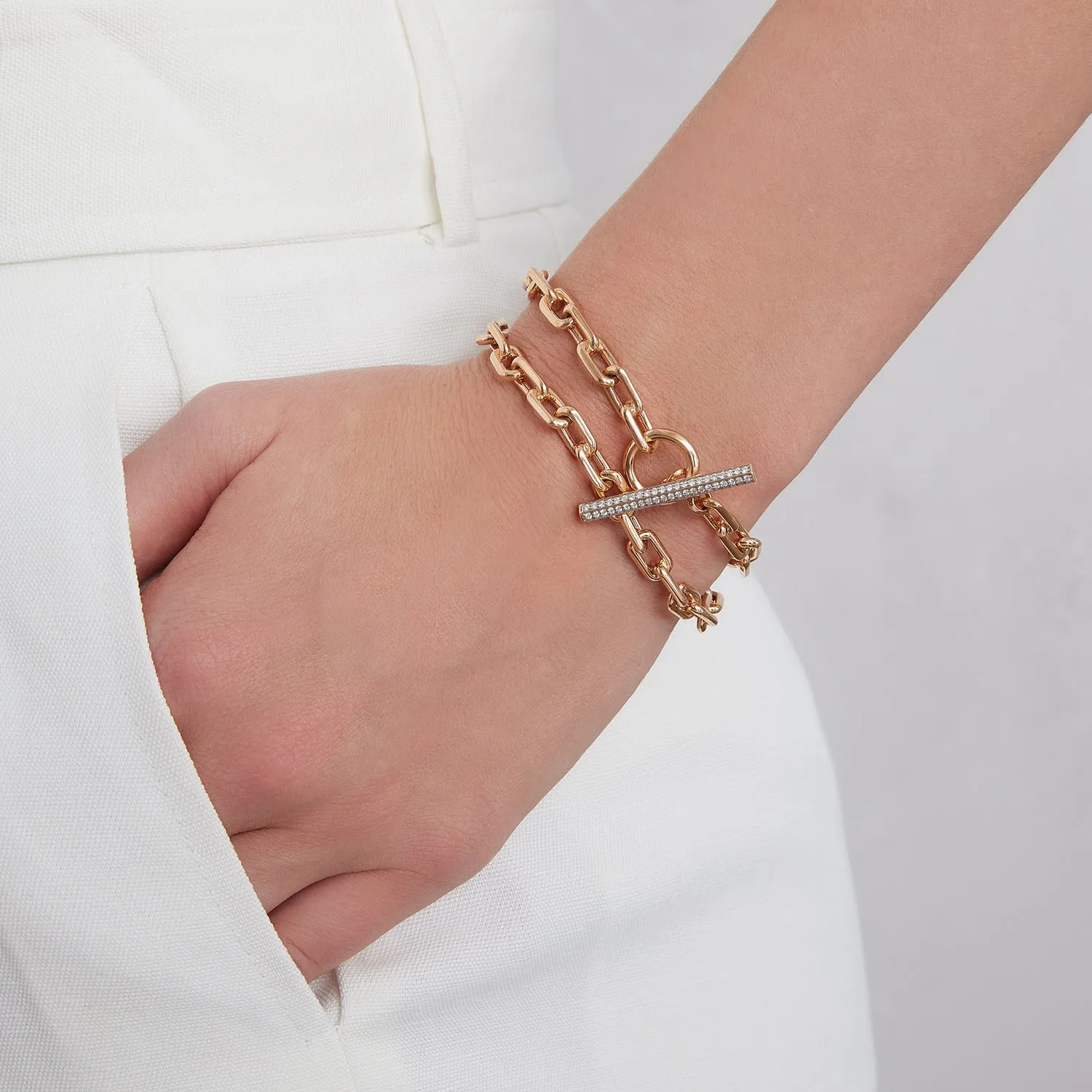 SAXON 18K DOUBLE WRAP CHAIN LINK & DIAMOND BAR TOGGLE BRACELET