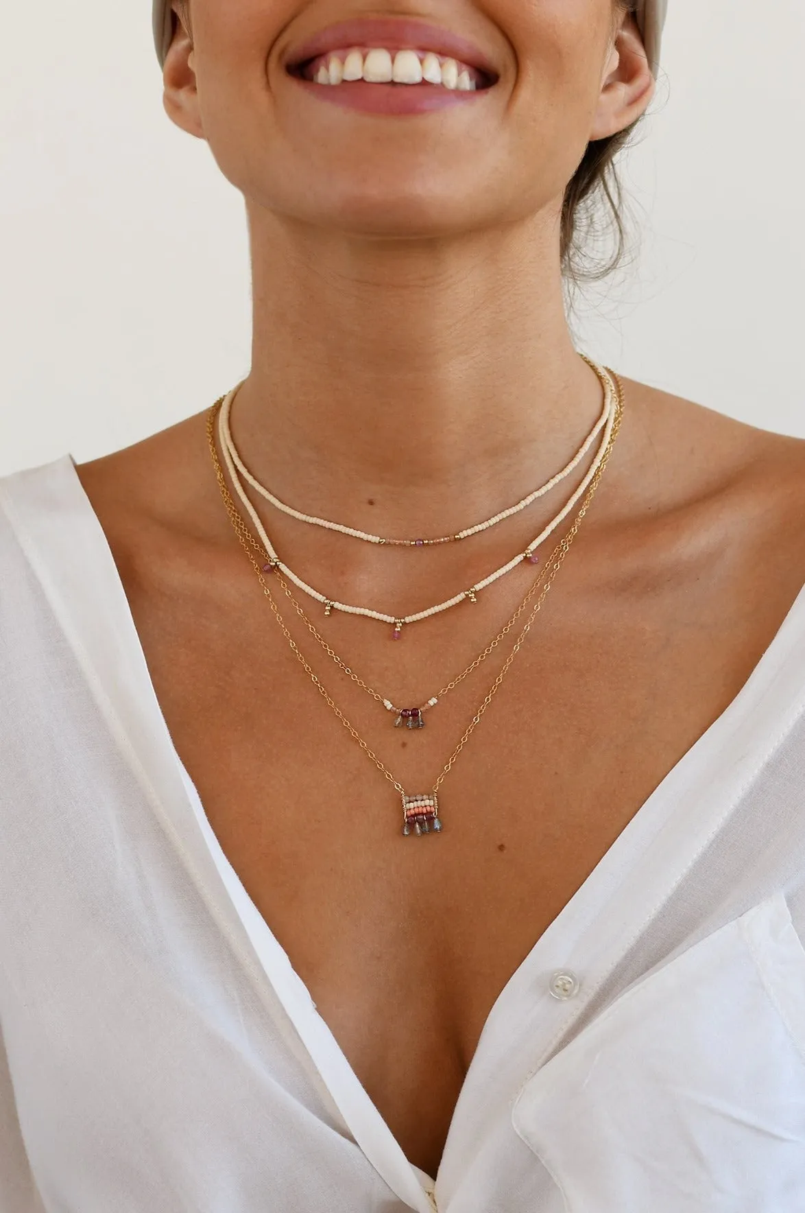 Semi Precious Utulivu Pendant Necklace With Teardrops - MIXED PINKS/TRANSLUCENT GRAY/GOLD