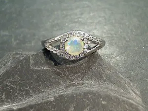 Size 7 Ethiopian Opal, CZ, Rhodium Plated Sterling Silver Ring