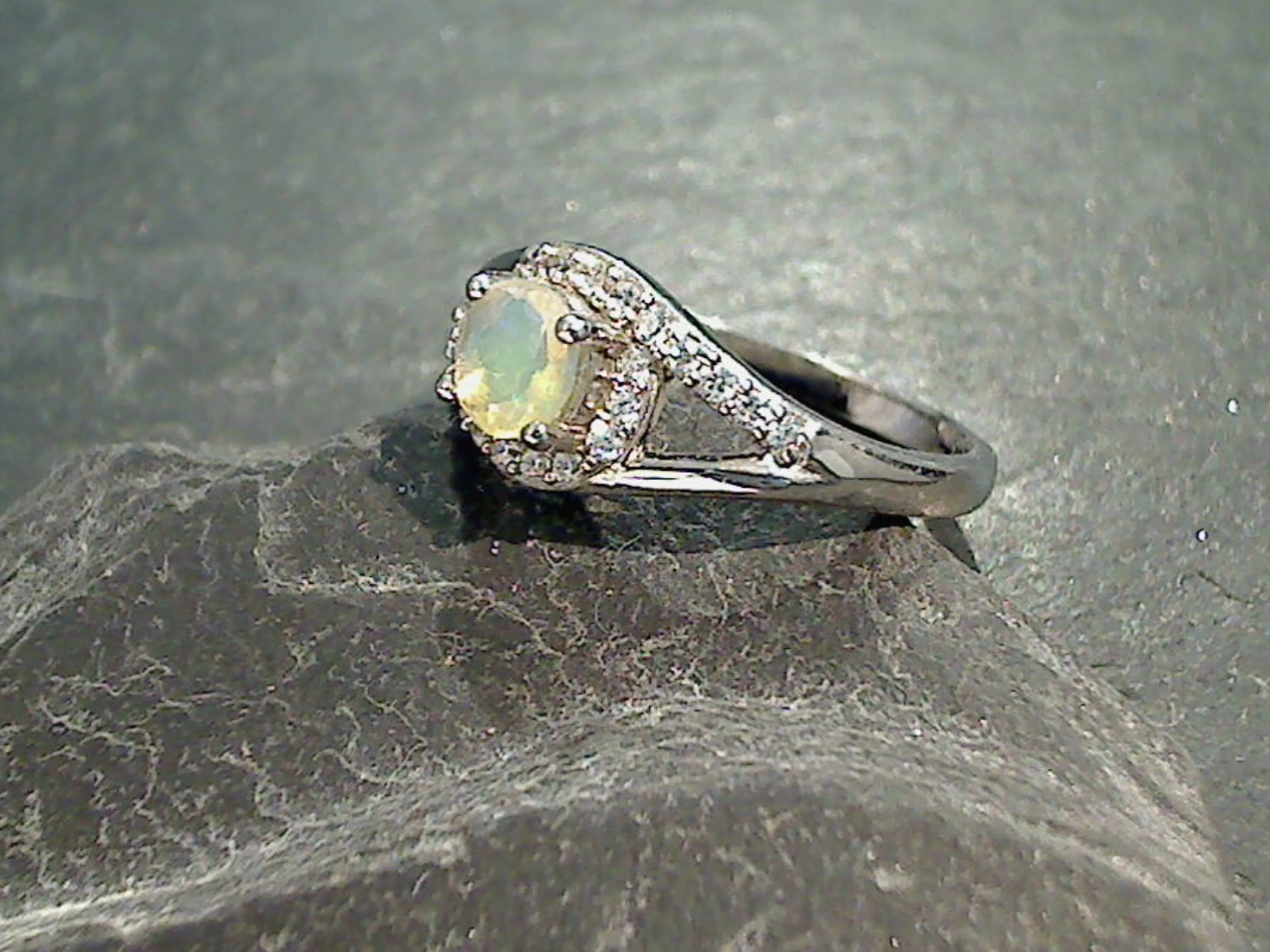 Size 7 Ethiopian Opal, CZ, Rhodium Plated Sterling Silver Ring