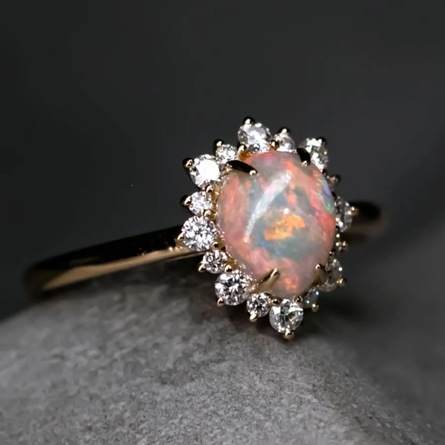 Snowflake Semi Black Opal & Diamond Engagement Ring 18K Yellow Gold