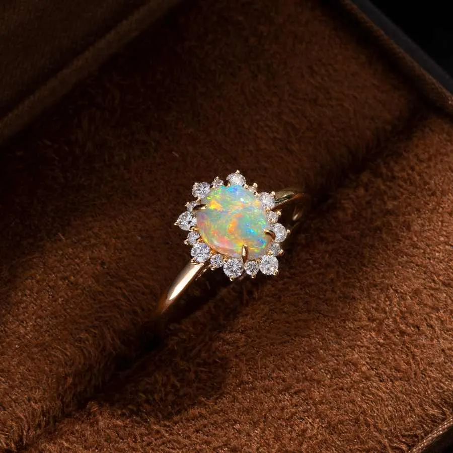 Snowflake Semi Black Opal & Diamond Engagement Ring 18K Yellow Gold