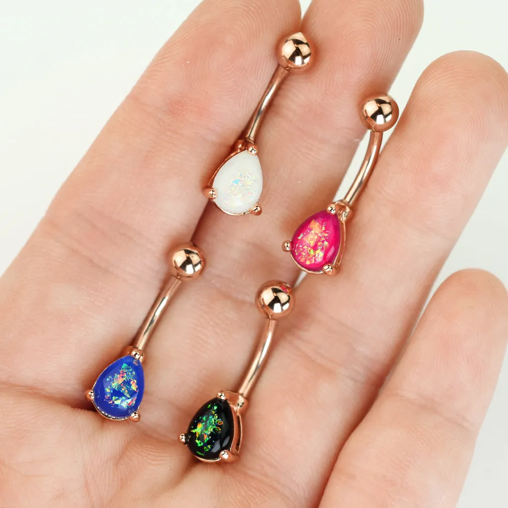 Solitaire Teardrop Opal Belly Rings with Rose Gold Plating